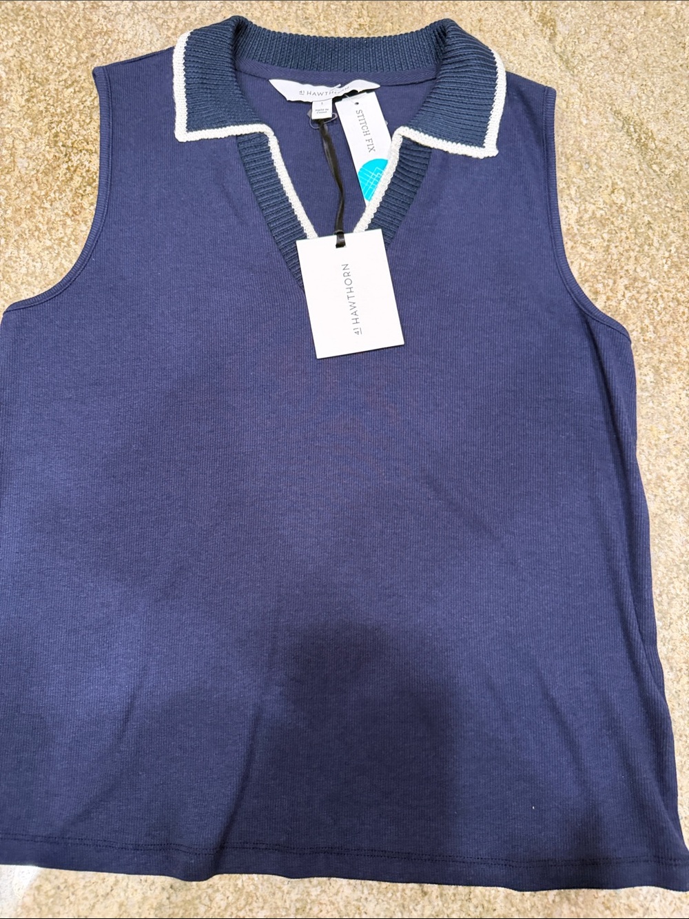 41 Hawthorn Navy Sleeveless Polo Tank with White Contrast Trim
